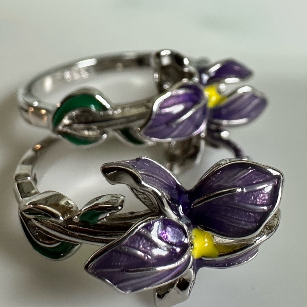 Elegant Purple Hand painted Orchid and Silver 925 Earrings